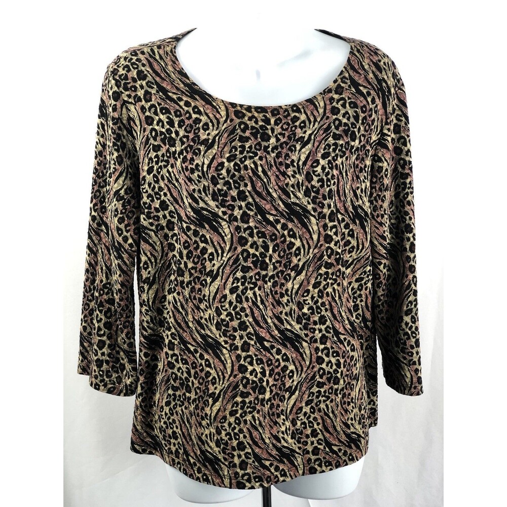 Vintage Pullover Top L Black/Gold Leopard 3/4 Sleeves Scoop Neck Stretch Y2K 90s